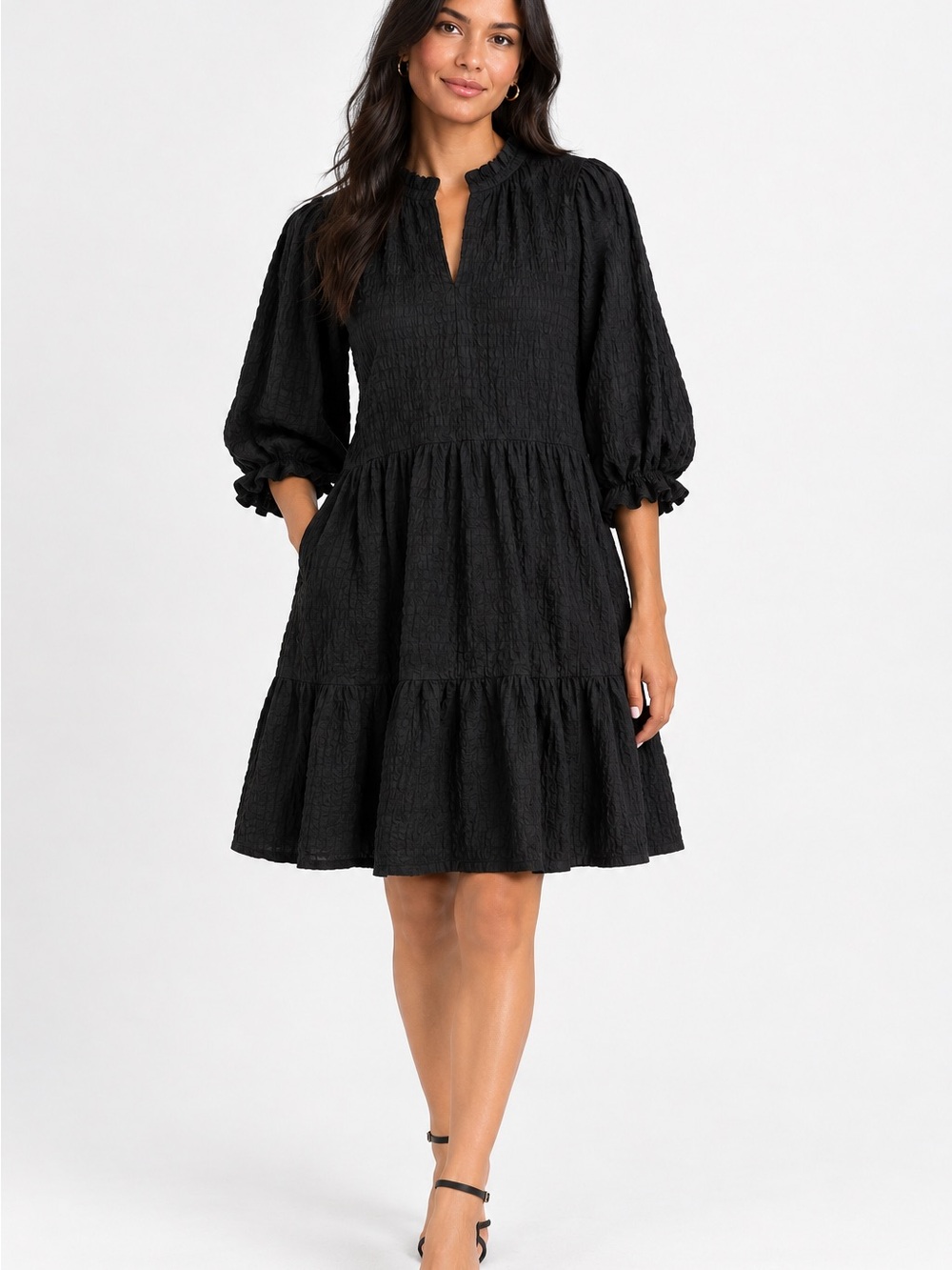 THML Black Textured Tiered Mini Dress with Puff Sleeves